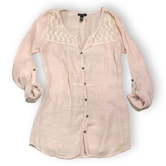 F.A.N.G. Medium Champagne Pale PinkButton Down Blouse Long Roll Tab Sleeve Top - Picture 1 of 11